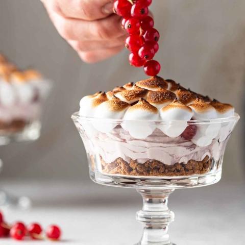 Crème de groseilles, biscuits et meringue italienne flambée